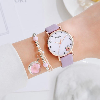 Women New Color Bear Fashion Student Quartz Watch Bracelet Combination Set Kids Girl Wrist Watch Bracelet Leather Rhinestone Luxury Design Simple Dress Women's Watches Stevvex