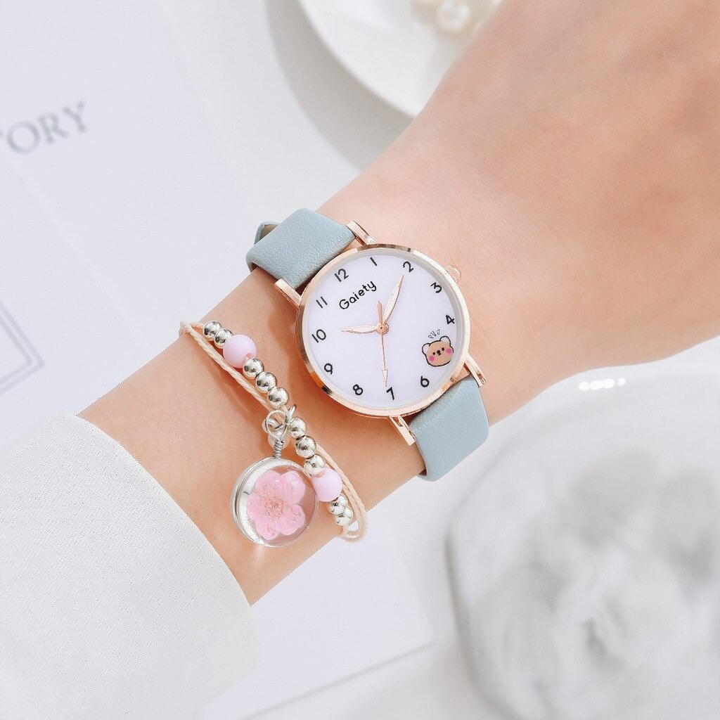 Women New Color Bear Fashion Student Quartz Watch Bracelet Combination Set Kids Girl Wrist Watch Bracelet Leather Rhinestone Luxury Design Simple Dress Women's Watches Stevvex
