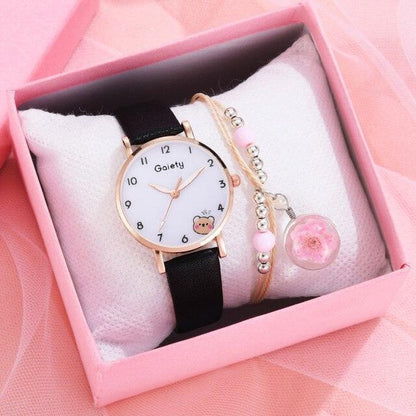 Women New Color Bear Fashion Student Quartz Watch Bracelet Combination Set Kids Girl Wrist Watch Bracelet Leather Rhinestone Luxury Design Simple Dress Women's Watches Stevvex