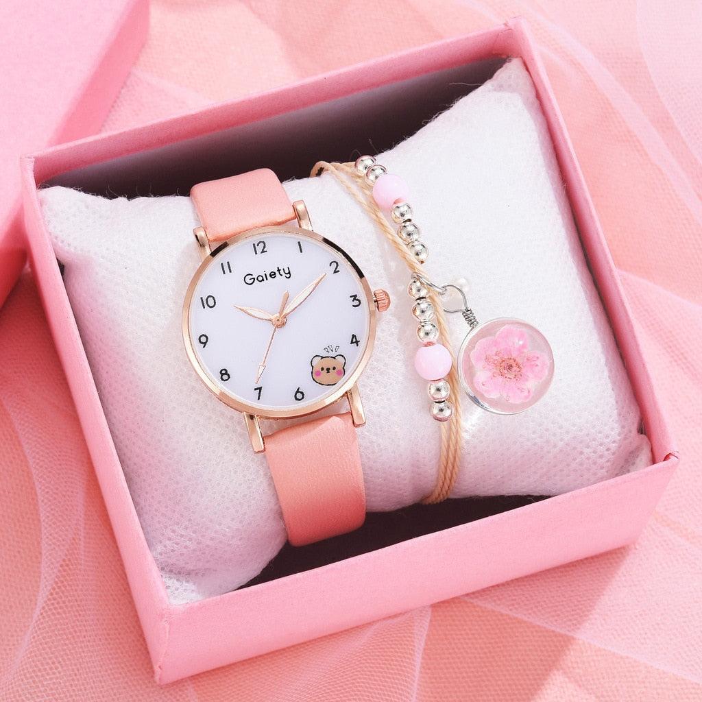 Women New Color Bear Fashion Student Quartz Watch Bracelet Combination Set Kids Girl Wrist Watch Bracelet Leather Rhinestone Luxury Design Simple Dress Women's Watches Stevvex