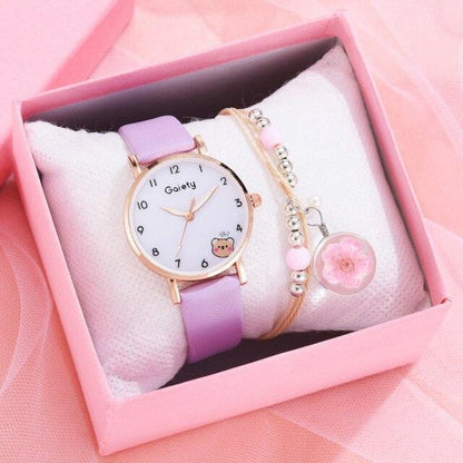 Women New Color Bear Fashion Student Quartz Watch Bracelet Combination Set Kids Girl Wrist Watch Bracelet Leather Rhinestone Luxury Design Simple Dress Women's Watches Stevvex